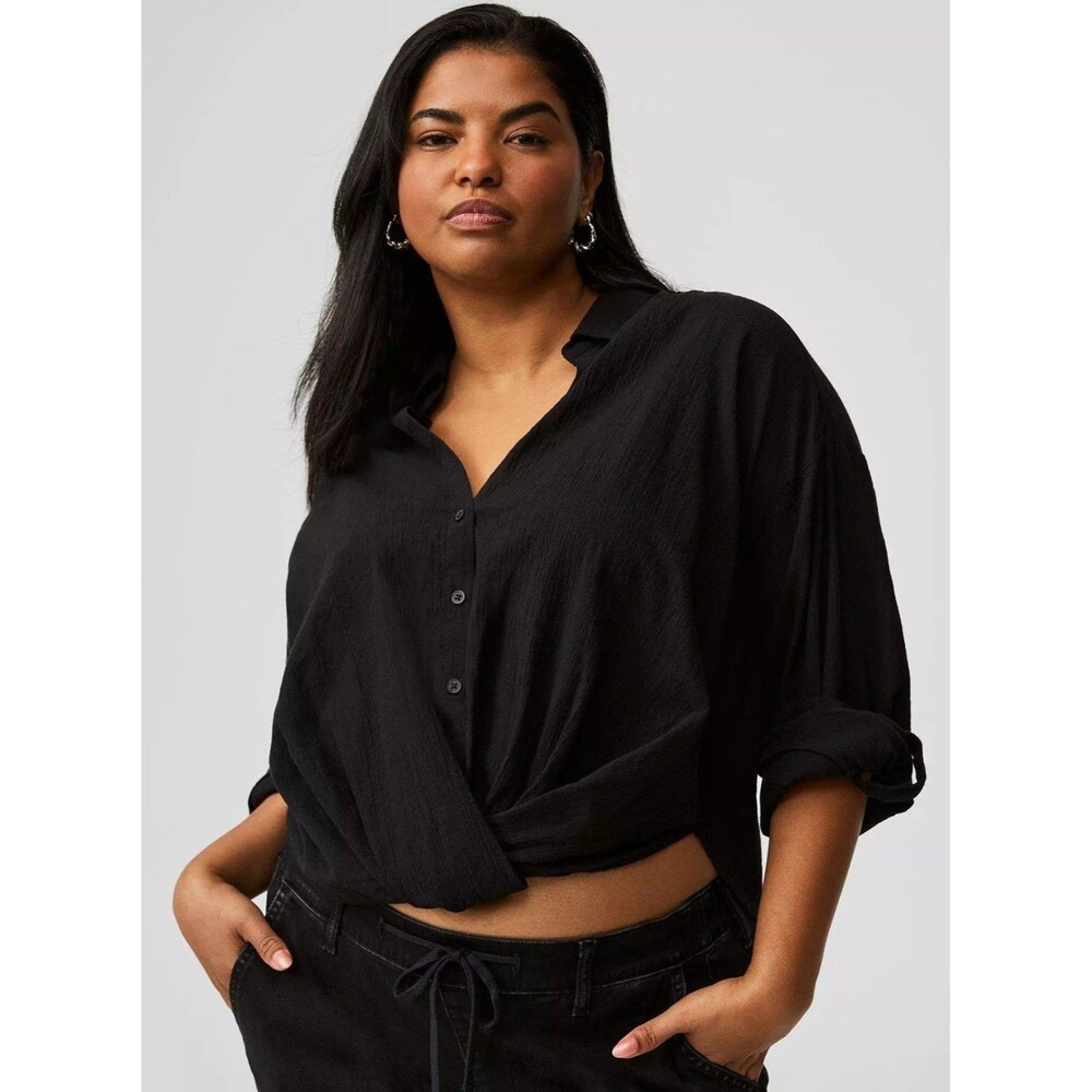 Torrid 100% Cotton Twist Front Button Up Black Shirt Plus Size 2 XX-large EUC